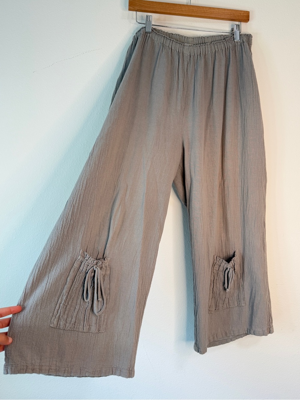 Oh My Gauze Sammy Pant Womens L/XL Wide Leg Crop Gauzy Cotton Pull On Gray Boho